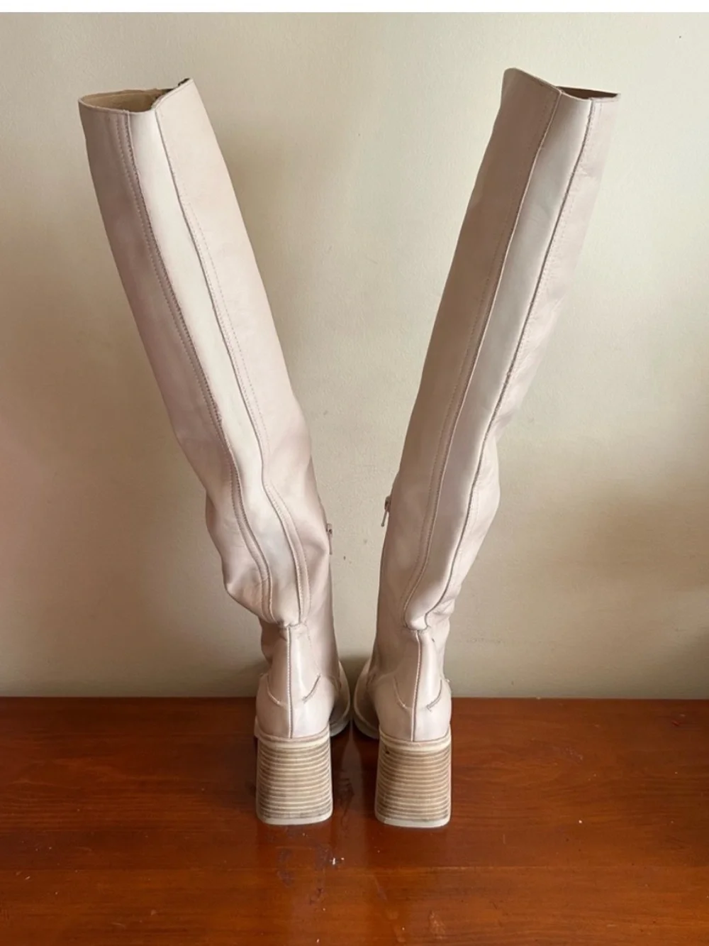 Free People Ivory Cream Leather Knee High Block Heel Boots EU 39.5 US 8.5